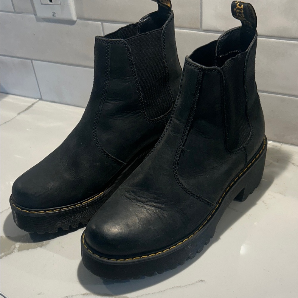 Dr. Martens Black Ankle Boots with Yellow Stitching Rometty Chelsea boots